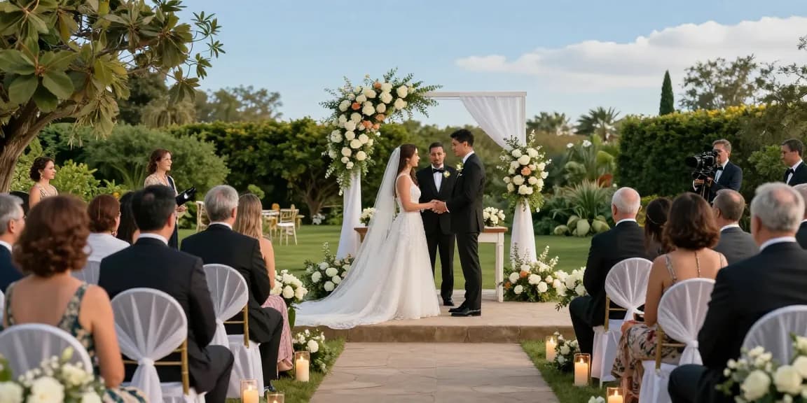 Romantic wedding ceremony scene at https://bluevenues.com with couple exchanging vows in an elegant garden setting.