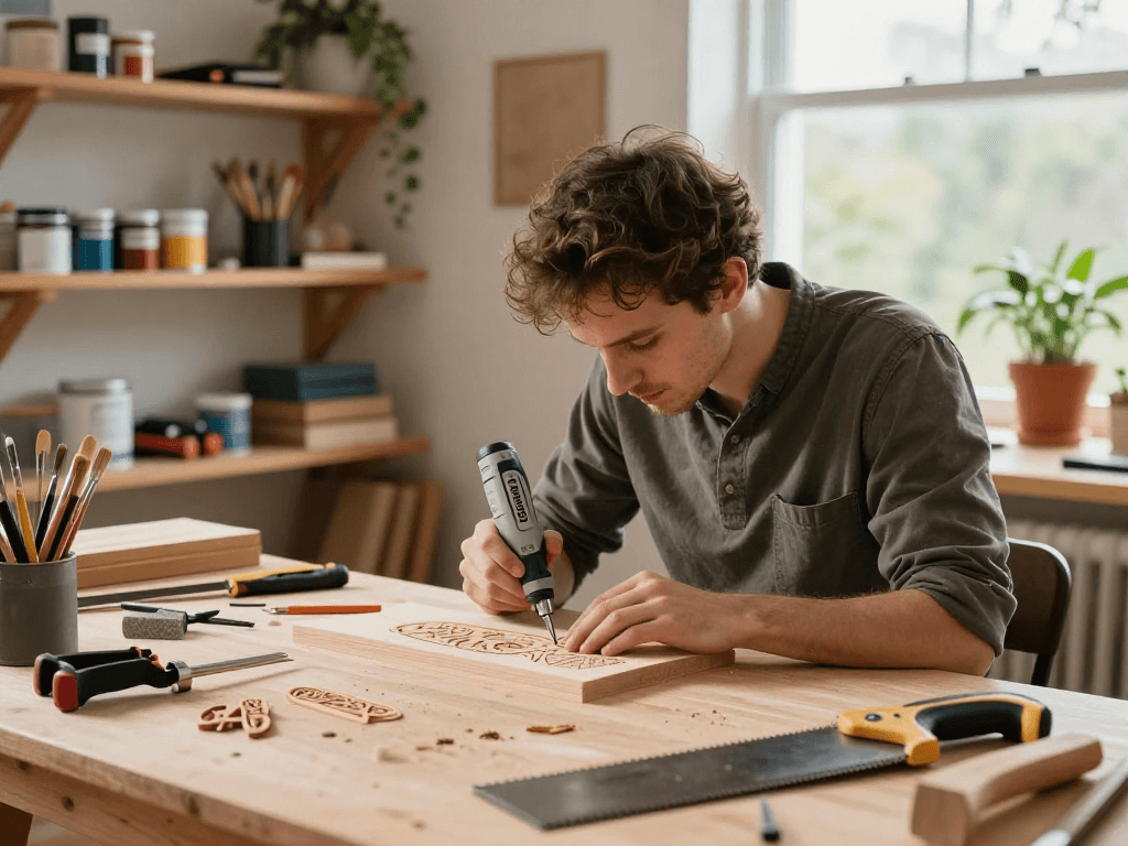 Progetto fai-da-te con Dremel 8260 in un laboratorio di legno illuminato.