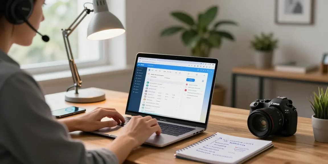 User engaging with the Telegram web version on a laptop in a modern home office.