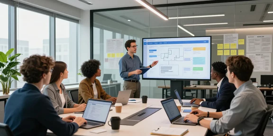 Team collaborating in a vibrant office setting, focusing on WPS Official Website productivity tools and software development.