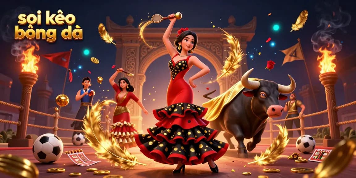 Engaging soi kèo bóng đá scene showcasing a dramatic flamenco dancer and a bull in a vibrant sports betting arena.