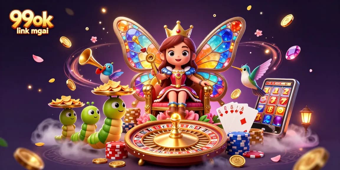 Discover the 99ok link mới in a vibrant 3D casino scene with a butterfly queen and gaming elements.