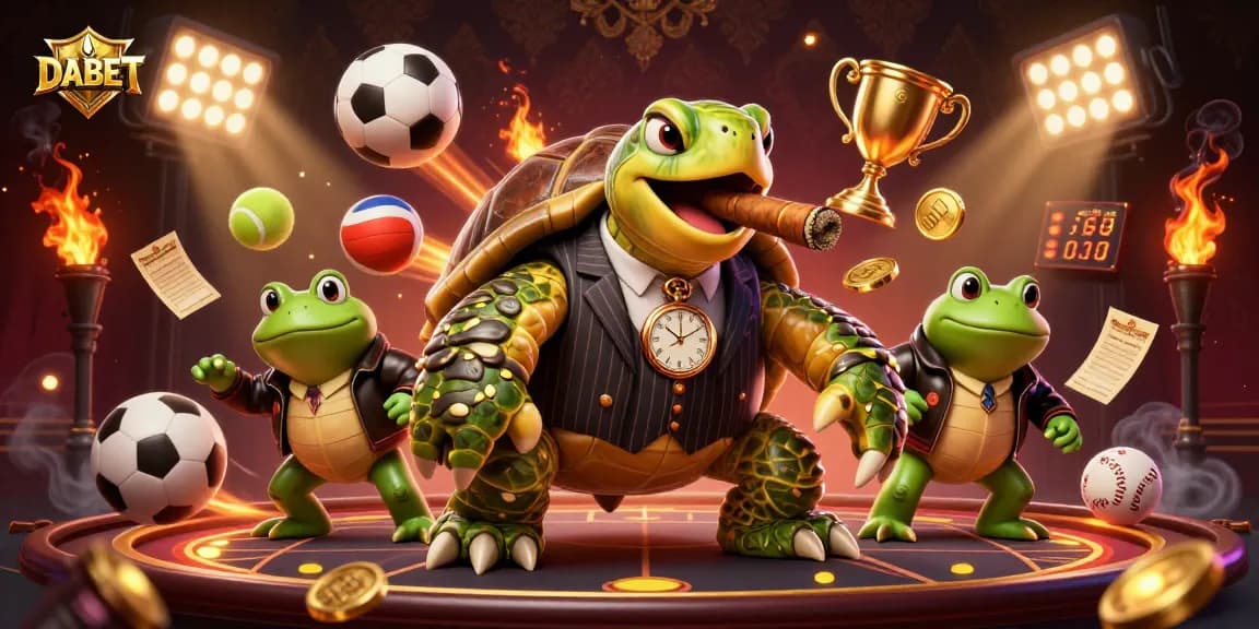 DABET offers exciting sports betting with a dynamic scene of a turtle mobster and bullfrog enforcers.