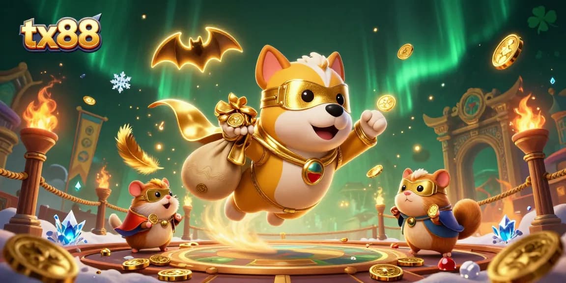 Experience thrilling action with tx88 as a superhero dog and sidekick hamster conquer the casino world.