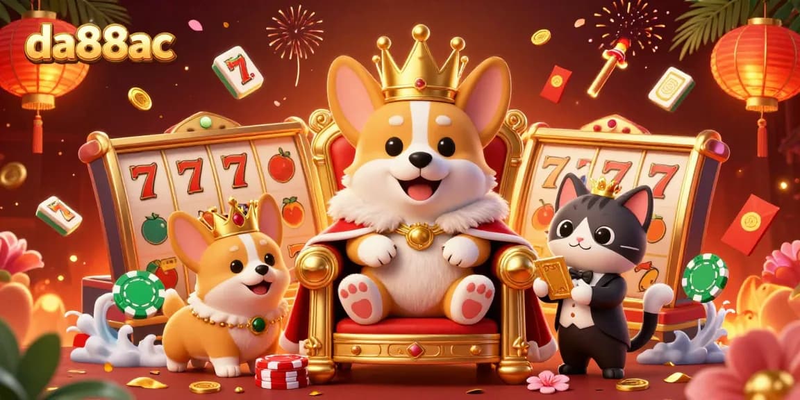 Celebrate winnings at da88ac casino with royal corgis and vibrant game elements in a lavish scene.