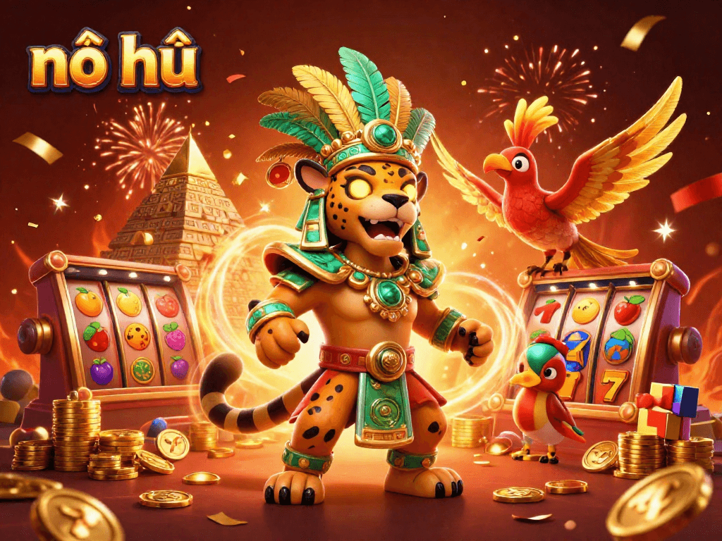 Engage with nổ hũ gaming excitement surrounded by vibrant jackpot elements in a dynamic scene.