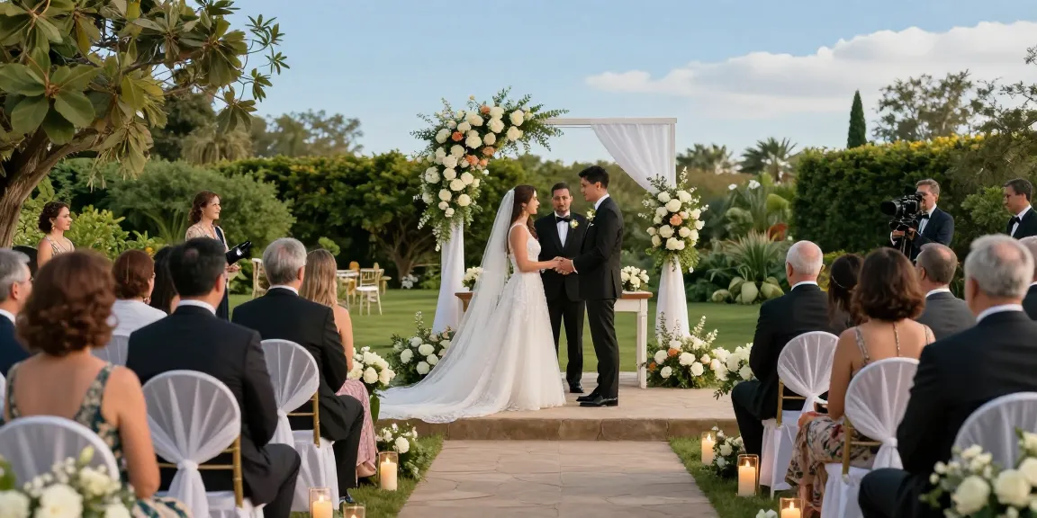 Romantic wedding ceremony scene at https://bluevenues.com with couple exchanging vows in an elegant garden setting.