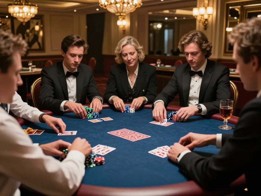 Players strategizing in a luxury casino during a raja slot game, surrounded by poker chips and cards.