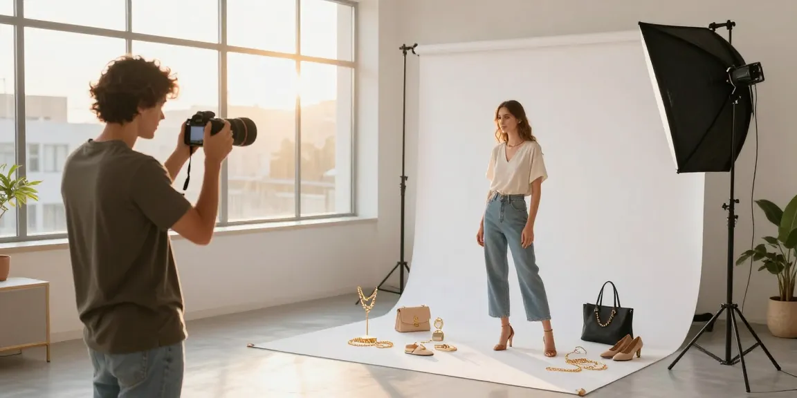 Fotografo ecommerce Milano che cattura scatti di prodotto eleganti in uno studio luminoso con luce naturale.