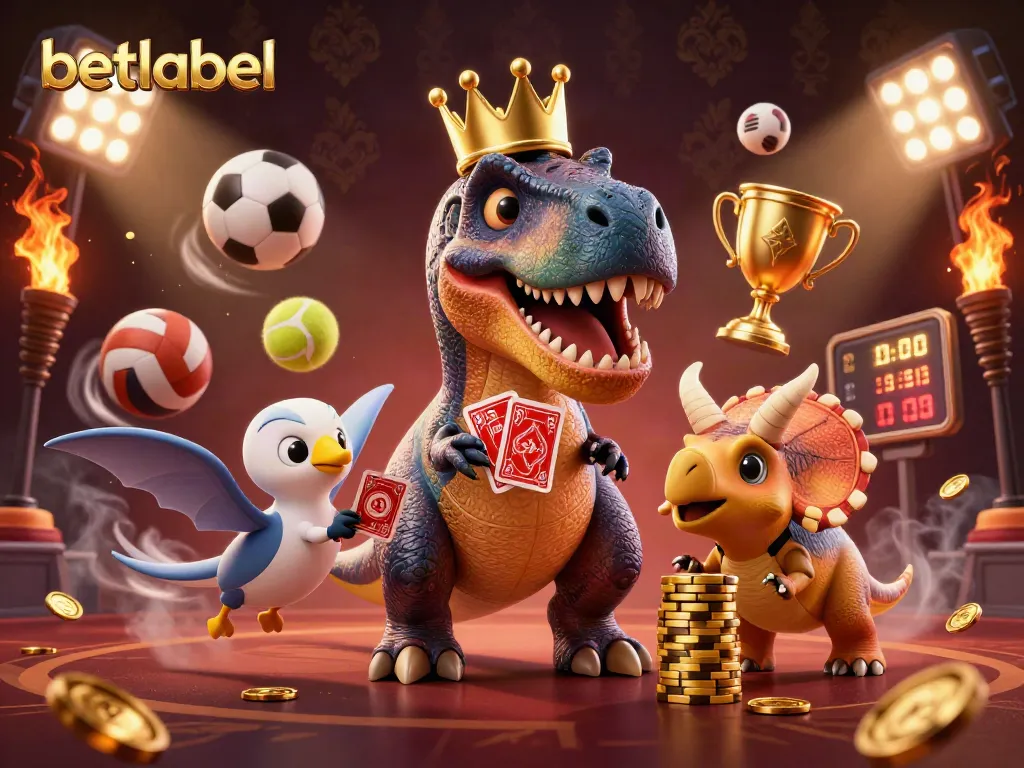 Betlabel showcases a friendly T-Rex and assistants joyfully engaging in card games amidst vibrant gaming elements.