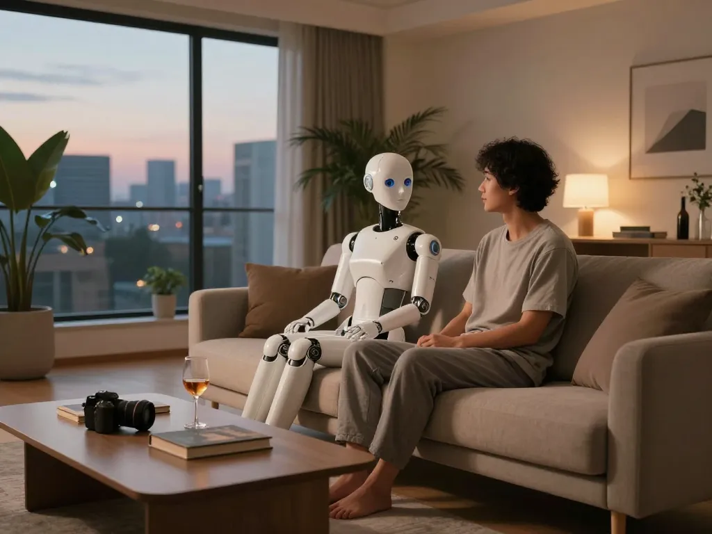 Realistic sex bot interacting with a person in a modern living space