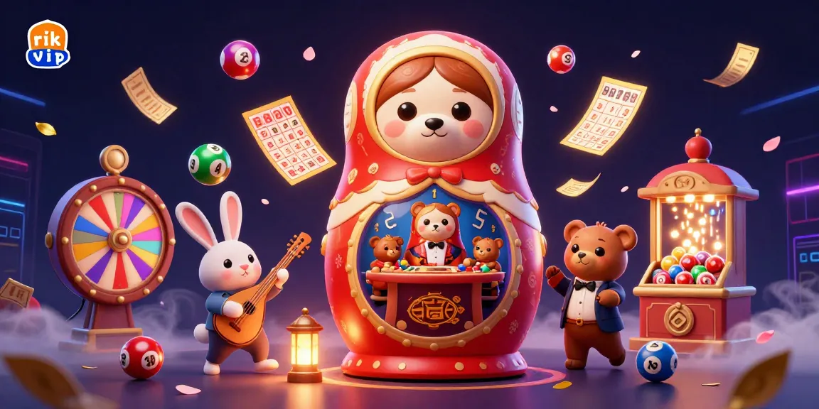Engage with rik vip's thrilling gambling atmosphere featuring vibrant lottery elements and charming characters.