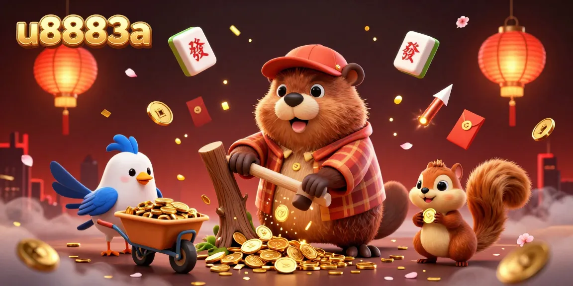 Win big with u8883a in this vibrant 3D illustration showcasing beavers and coins.