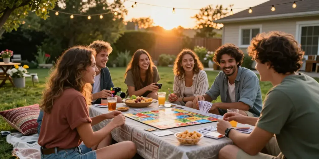 Enjoying the outdoors with friends during rokok88 daftar game night, surrounded by snacks and games.