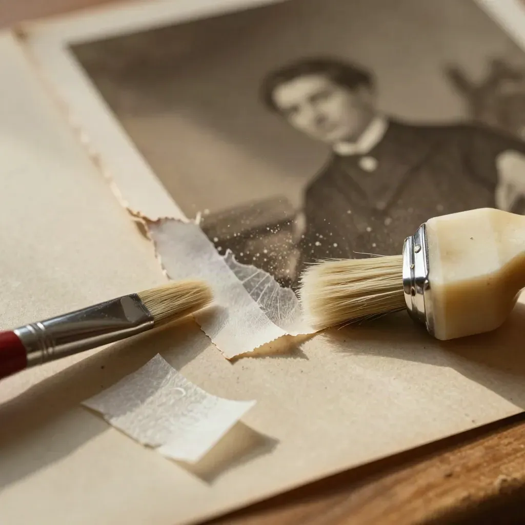 Foto storica strappata con carta giapponese e pieghetta d’osso su banco di restauro.
