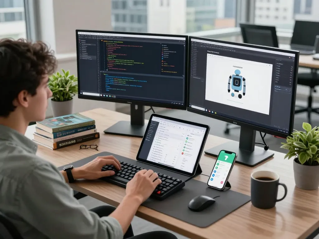 Developer using clawdbot in a modern tech workspace with multiple screens and devices.