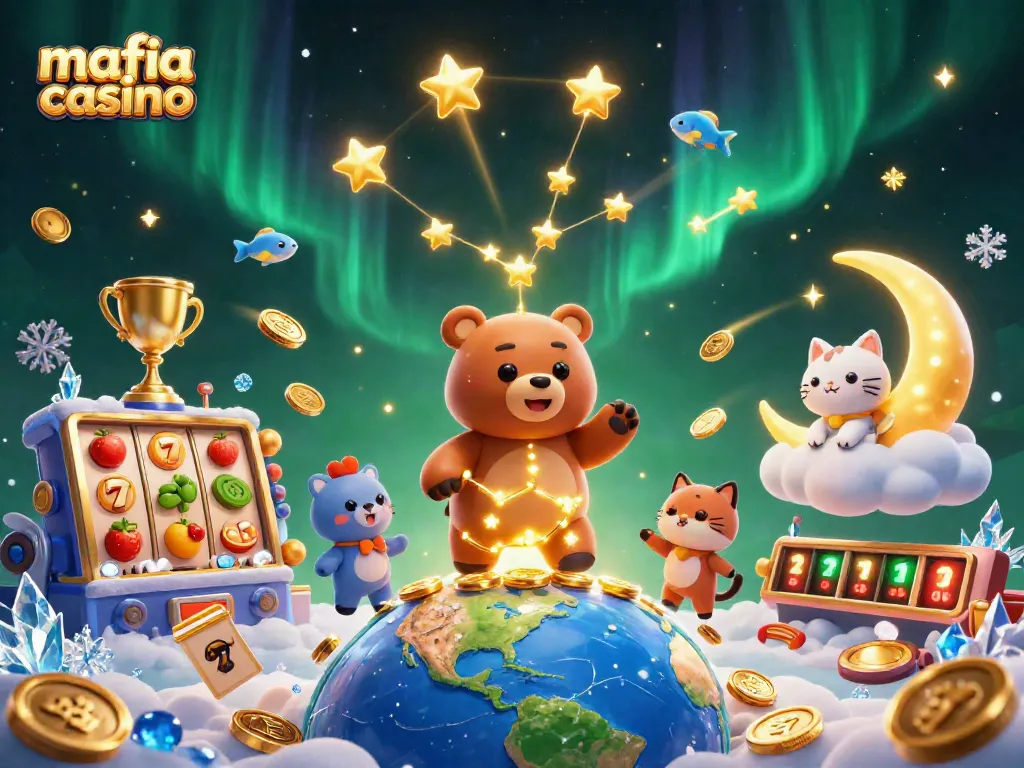 Engage with mafia casino's exciting world through a vibrant 3D illustration filled with jackpot reels and magical elements.
