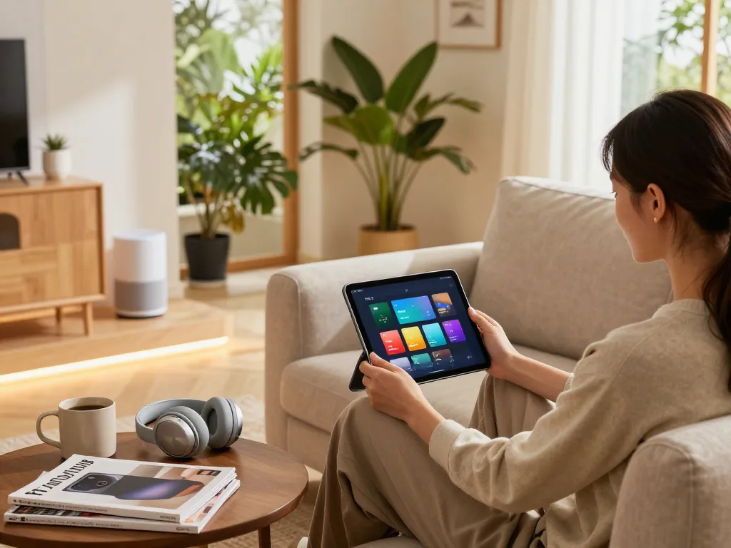 Explore innovative tech gadgets in a stylish home environment featuring Bluetooth headphones, smart speaker, and a tablet.