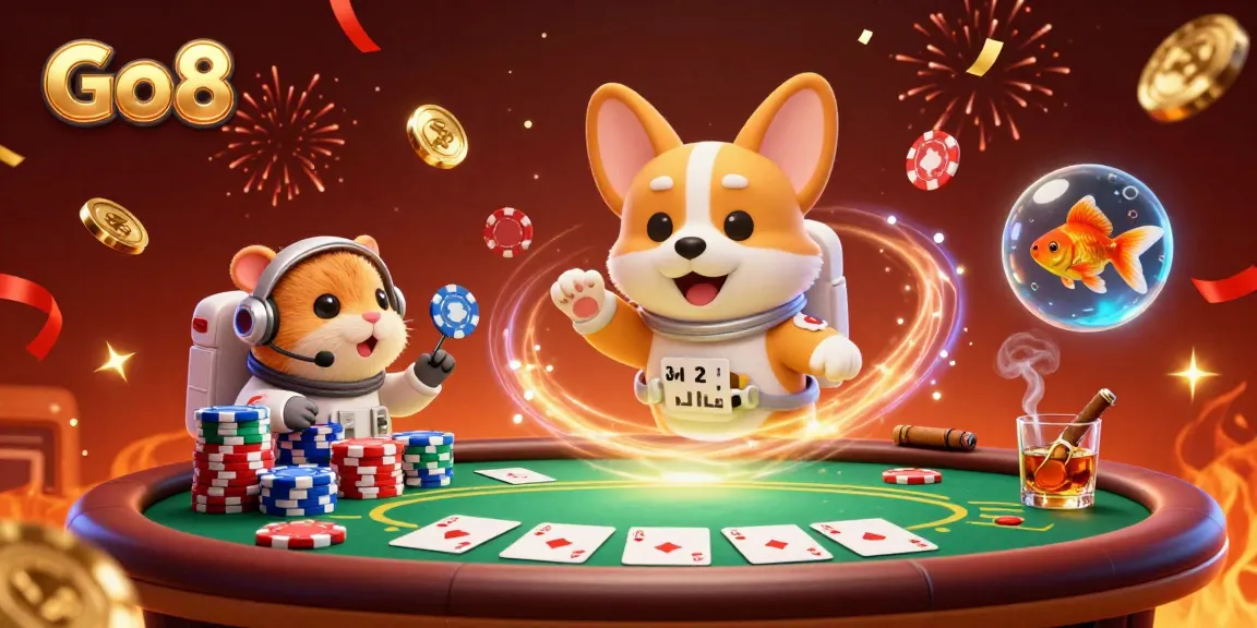 Experience exciting gameplay at Go8 with an astronaut corgi, floating chips, and a dynamic casino atmosphere.