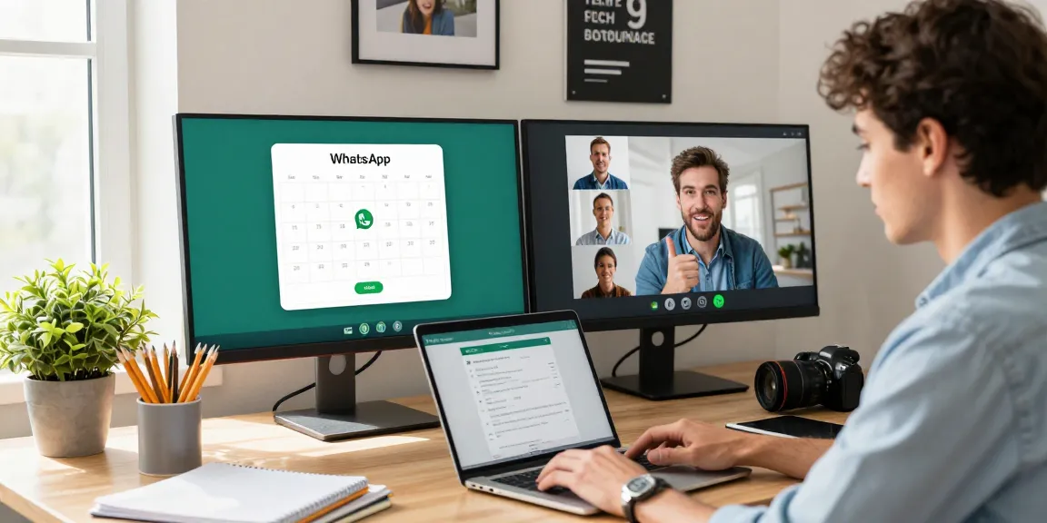 Young professional engaging with colleagues using WhatsApp網頁版 on a dual monitor setup.