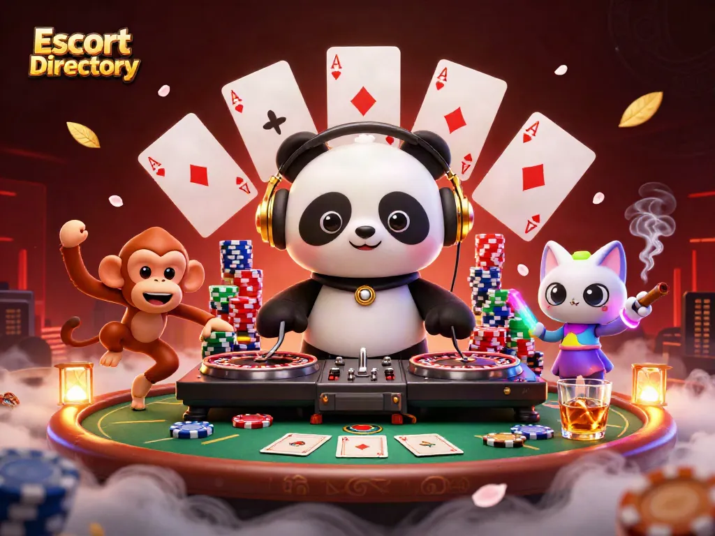 Engage with the Escort Directory featuring animated casino characters in an action-packed gambling scene.