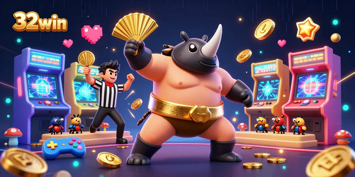 Engage in thrilling play at 32win with a dynamic casino scene featuring colorful characters and vibrant gaming elements.