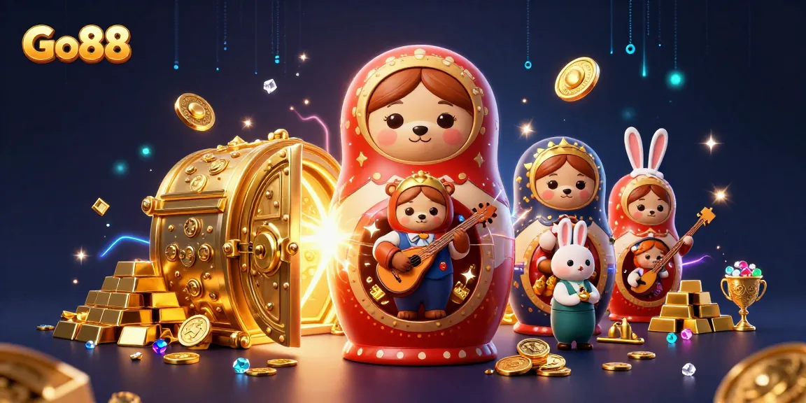 Experience thrilling gaming adventures at Go88 with cartoon characters and dazzling casino elements.