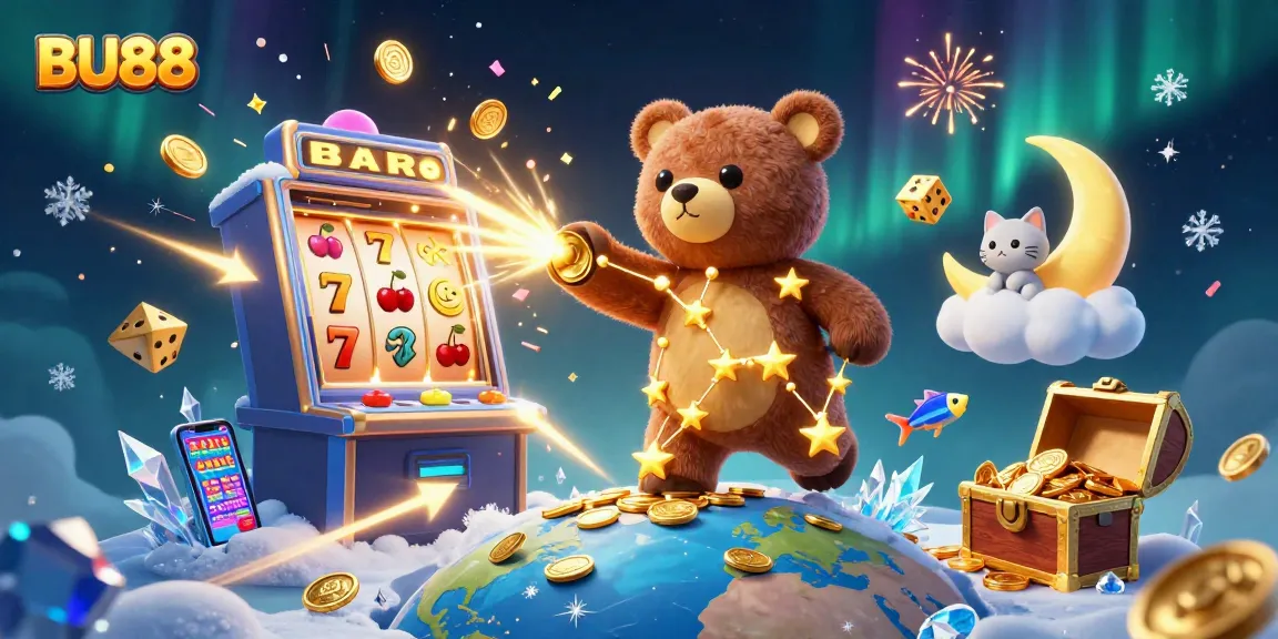 BU88 showcases a vibrant scene with a constellation bear and slot machine bursting with coins.