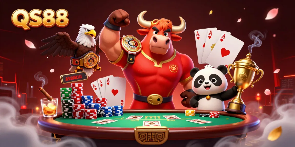 Engage with QS88 casino elements featuring a bull mascot, eagle, and panda in action.