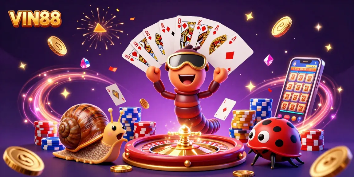 Experience the thrill of VIN88 with a vibrant 3D cartoon casino scene showcasing high-rolling action and festive energy.