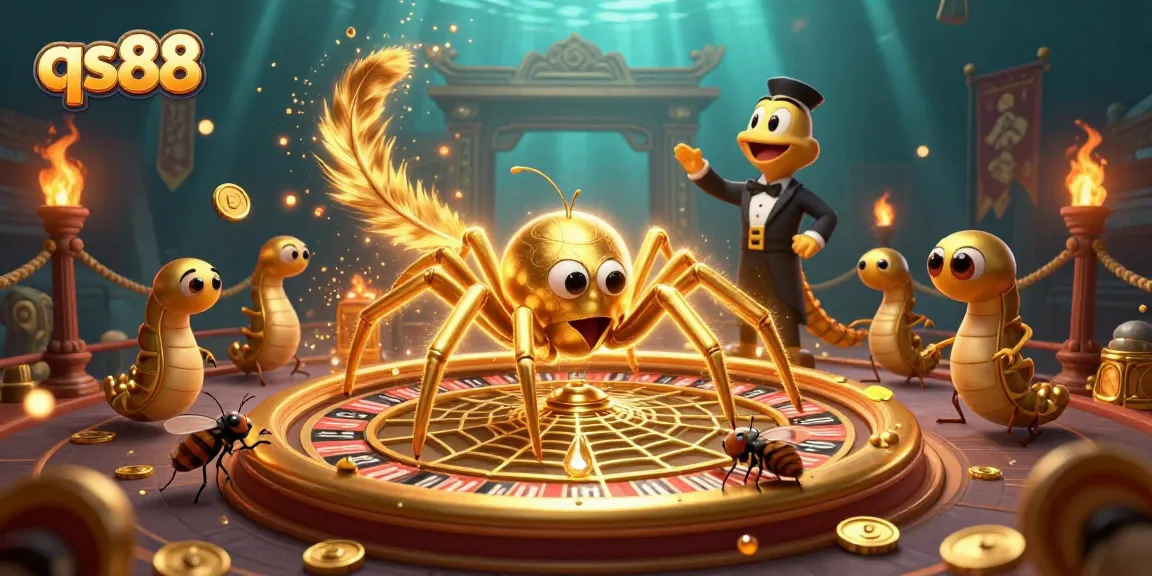 Bets fly with qs88 as a golden spider spins a roulette web in this vibrant casino scene.